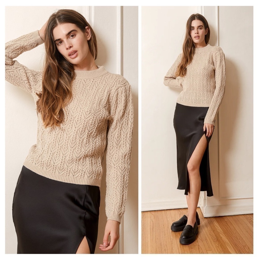LULU’S Cup Of Cozy Beige Pointelle Knit Long Sleeve Sweater